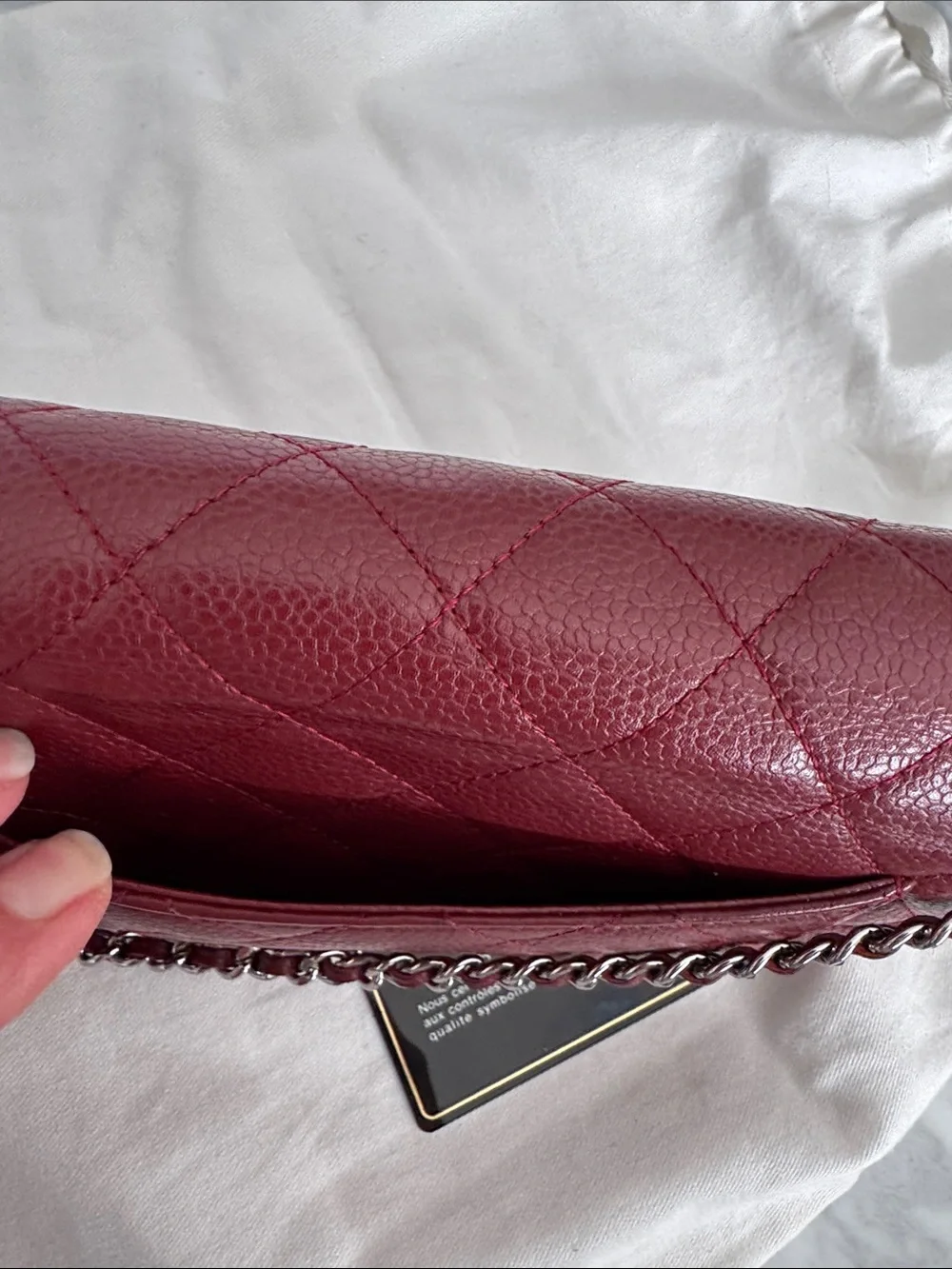 Chanel Burgundy Quilted Caviar Wallet on Chain. Burgundy. Pebbled leather.